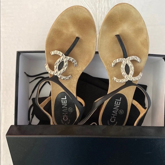 CHANEL, Shoes, Chanel Lambskin Crystal Cc Thong Sandals Size 36